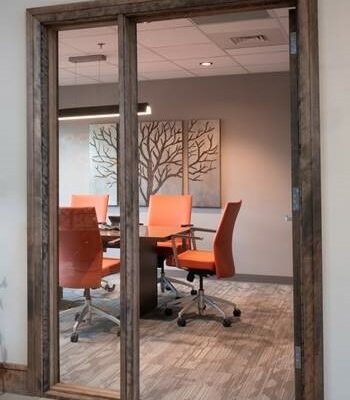 Office Interior Design, Wood Door Frame, Glass Sidelite, walnut door frame, conference room design