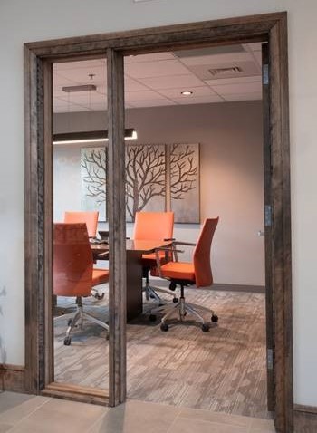 Office Interior Design, Wood Door Frame, Glass Sidelite, walnut door frame, conference room design